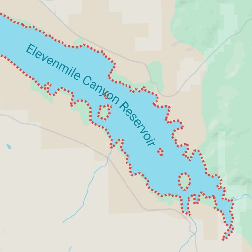 Map showing the outline of Eleven Mile Reservoir in Park County, Colorado